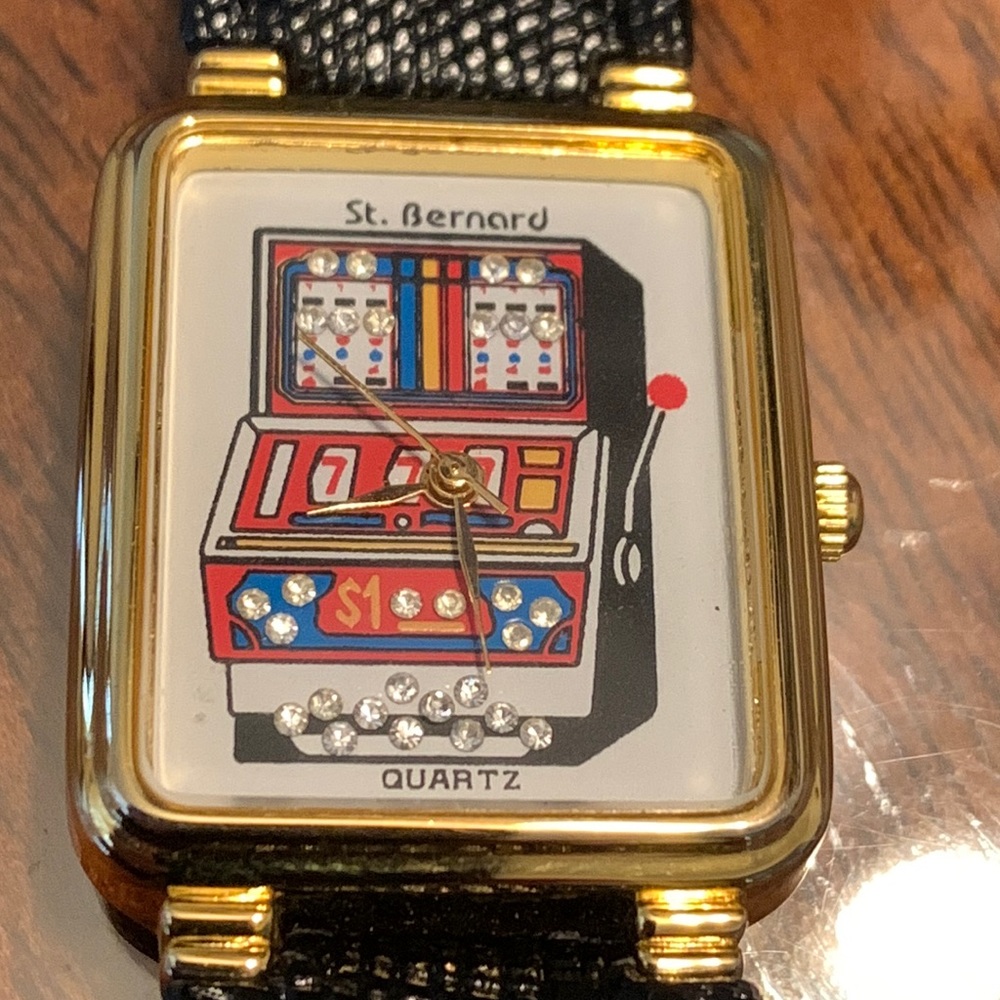Vintage Slots machine Watch One Armed Bandit analog rhinestone accent St Bernard